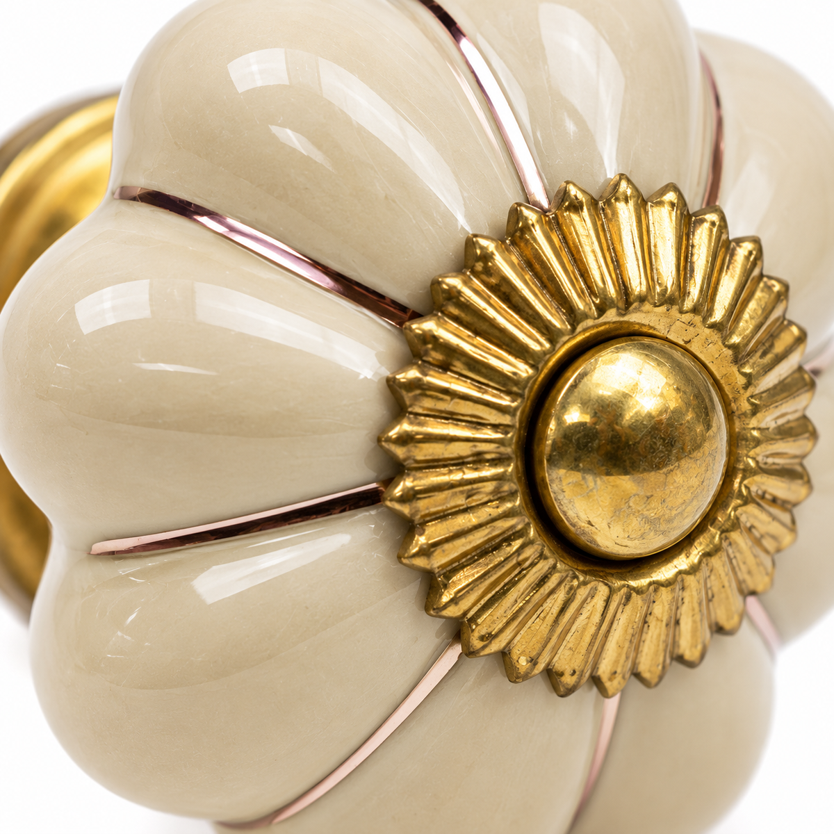 Ceramic Flower Knobs – Beige with Antique Brass Detail