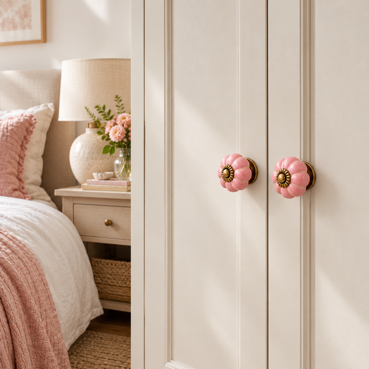 ink Ceramic Flower Knobs – Antique Brass Detail