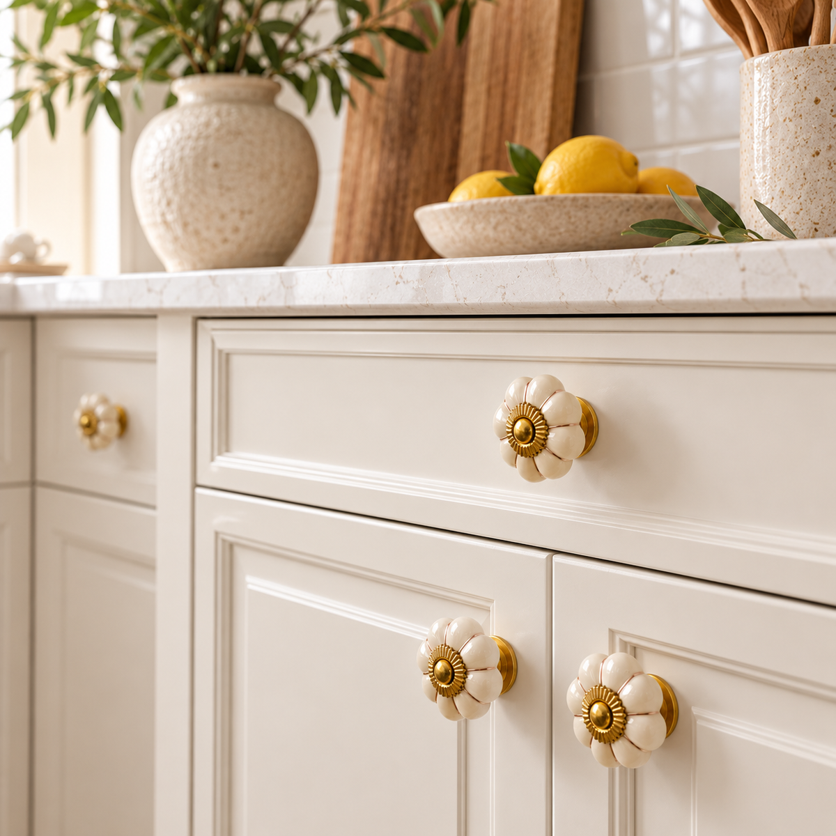 Ceramic Flower Knobs – Beige with Antique Brass Detail