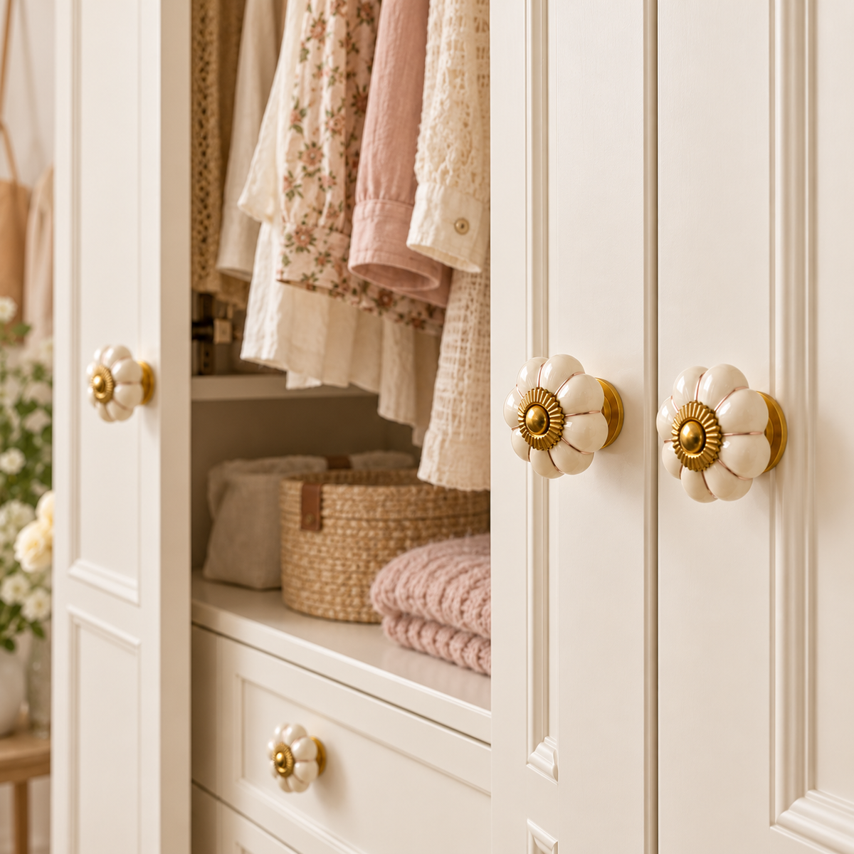 Ceramic Flower Knobs – Beige with Antique Brass Detail