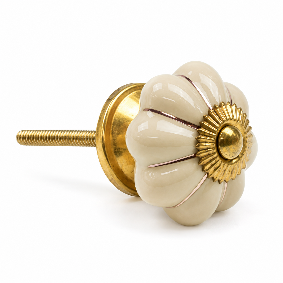 Ceramic Flower Knobs – Beige with Antique Brass Detail