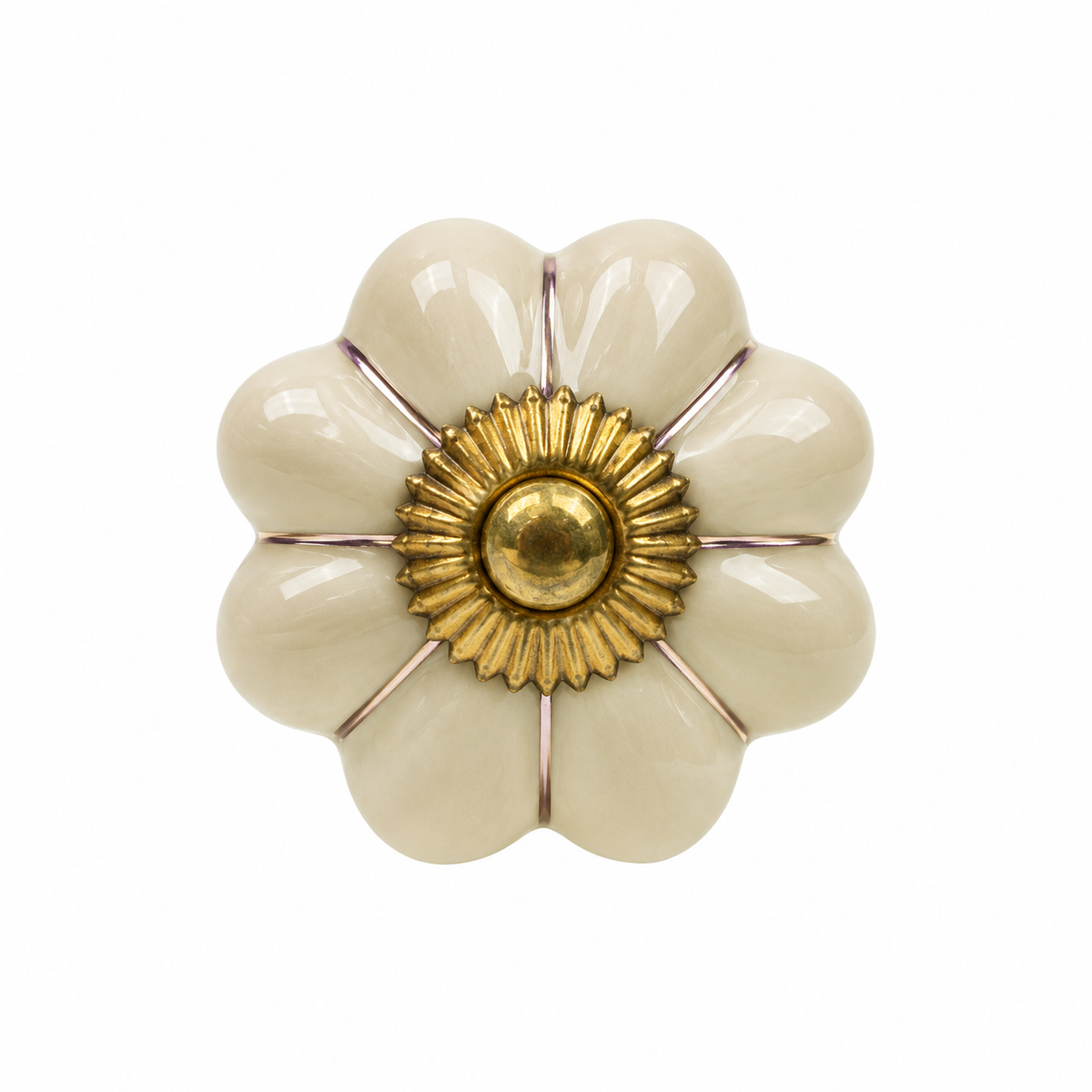 Ceramic Flower Knobs – Beige with Antique Brass Detail