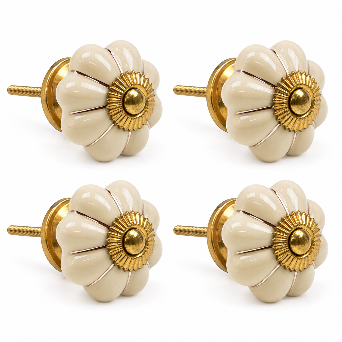 Ceramic Flower Knobs – Beige with Antique Brass Detail