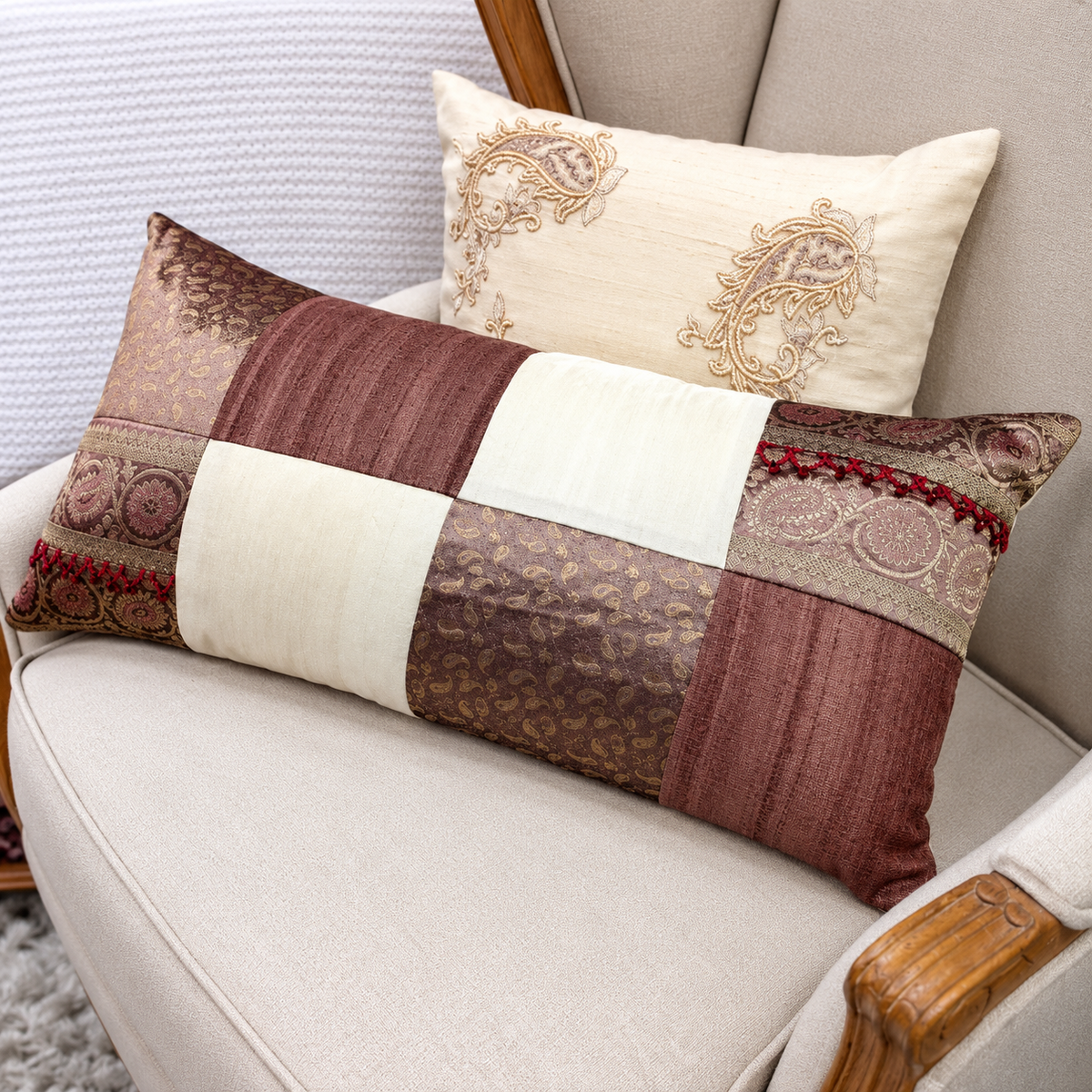 Silk Lumbar Cushion 34 × 68 cm – Beige