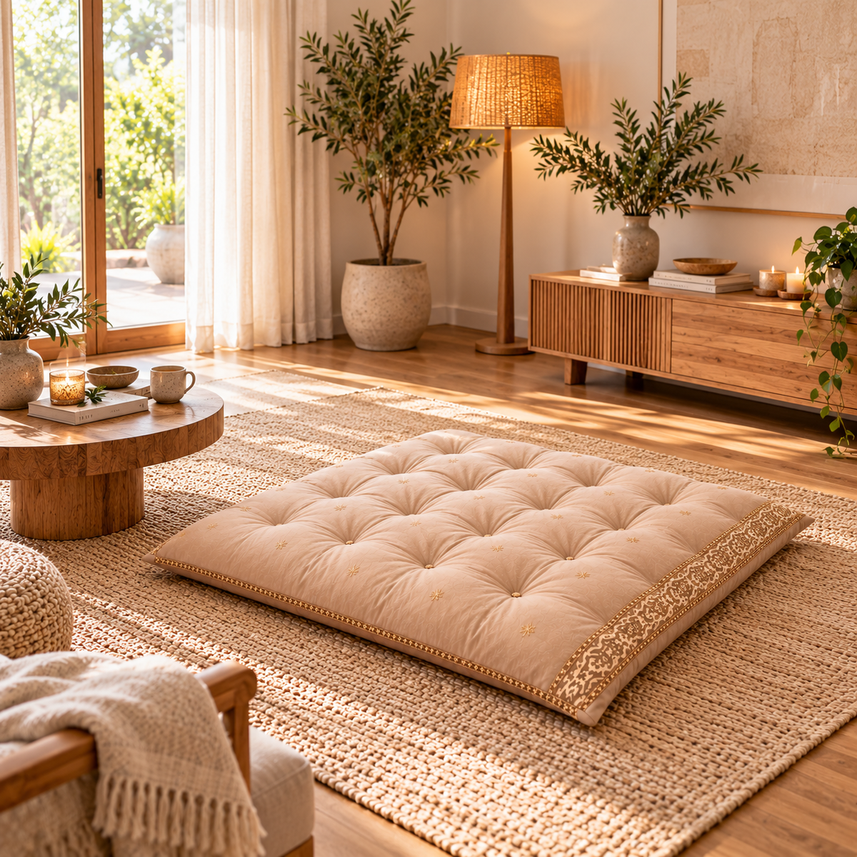 Sattva Meditation Floor Cushion – Beige 80 × 80 cm
