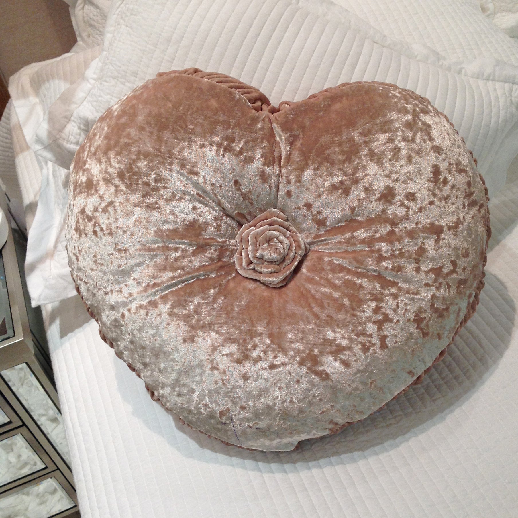 Velour Rosette Heart Cushion - Sand