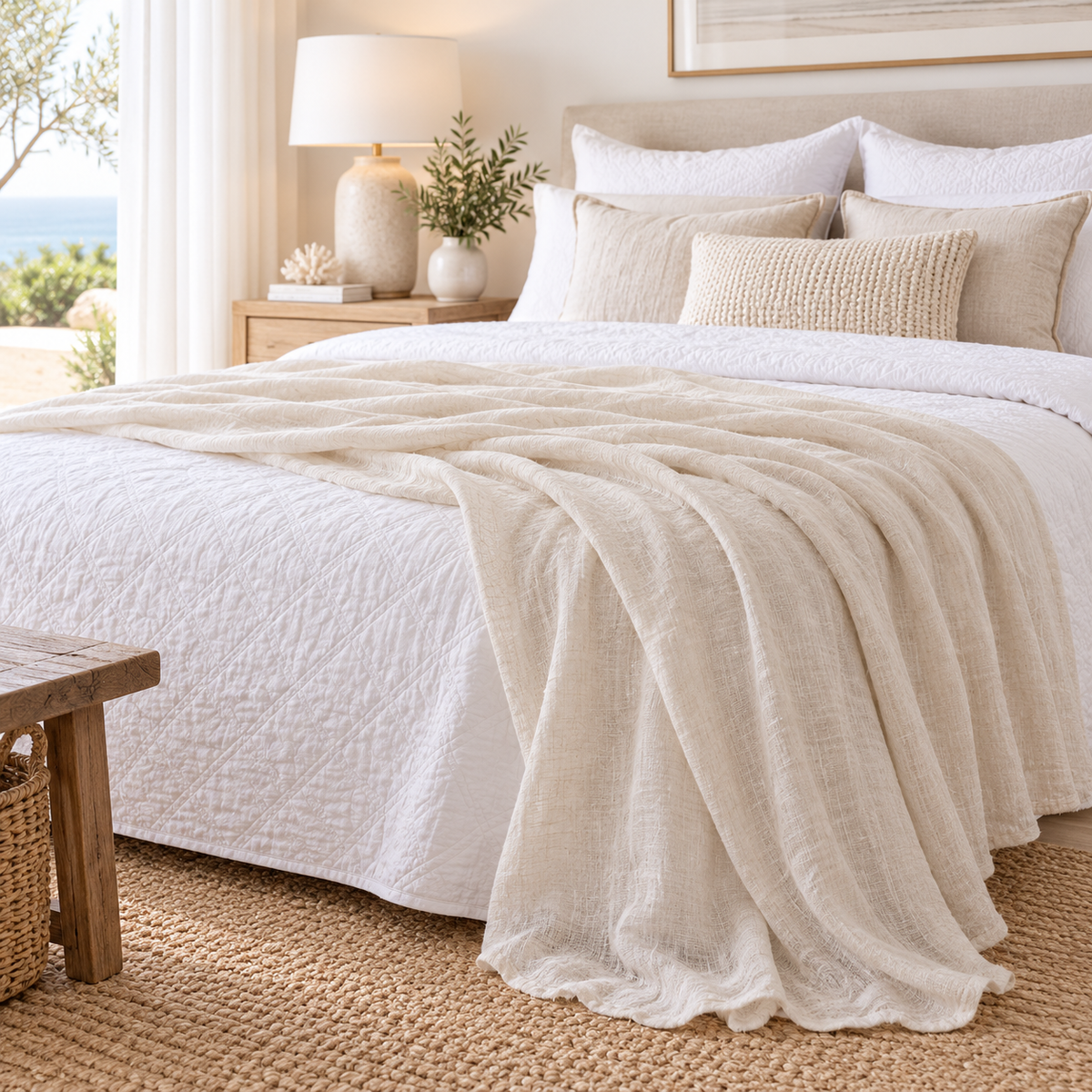Linen Sheer Throw styled on a bed