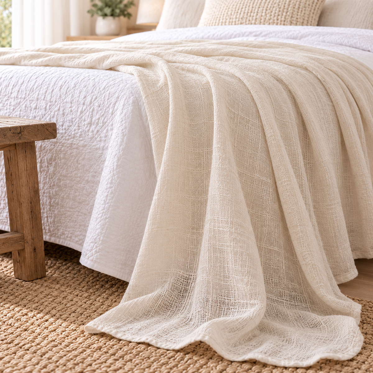 Linen Sheer Throw draped over the side of a bed