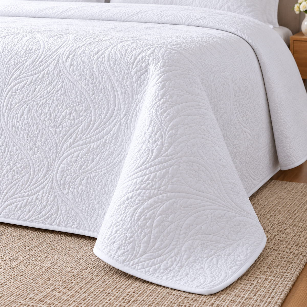 Marseille Cotton Queen Bedspread Set – White drape and quilted edge detail