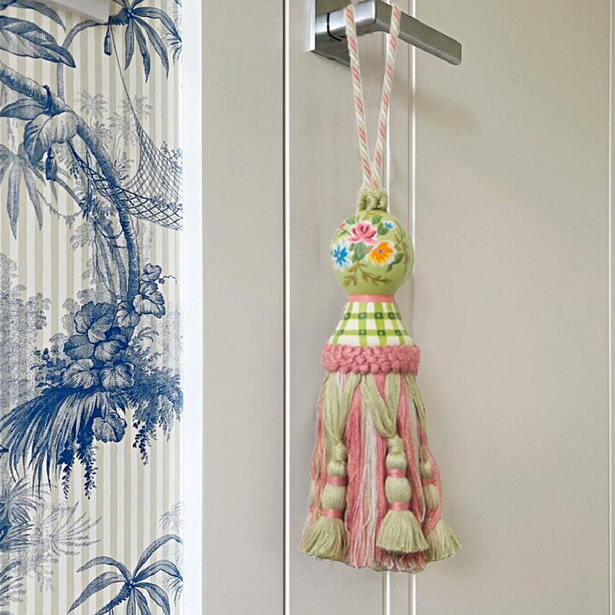 Green/pink Country Floral Hand Painted Tassel Set of 2