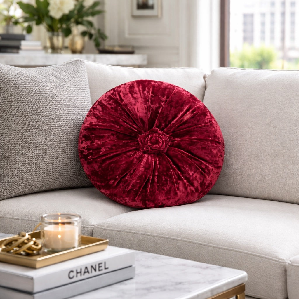 Rosette Fleur Cushion - Burgundy