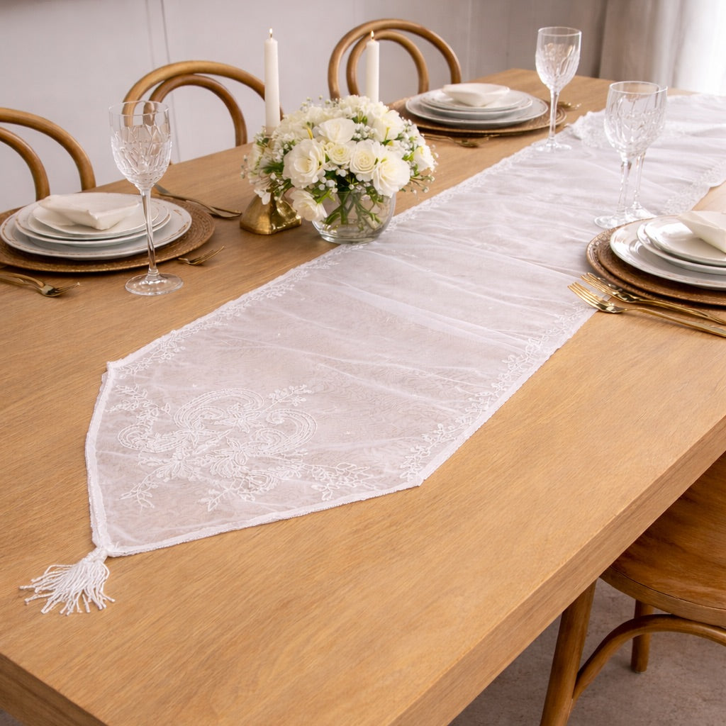 Table Runner Beaded - White