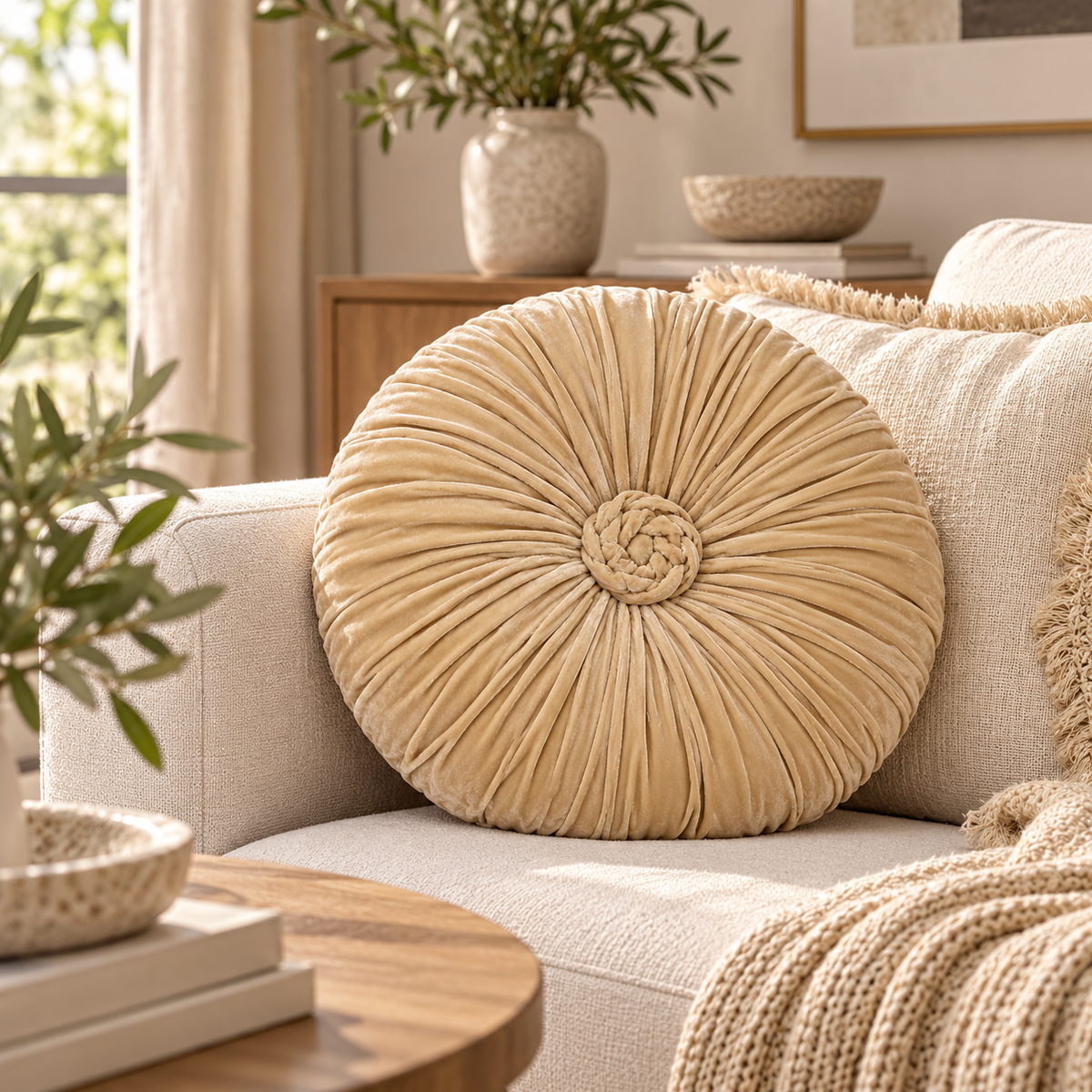 Rosette Fleur Cushion - Beige