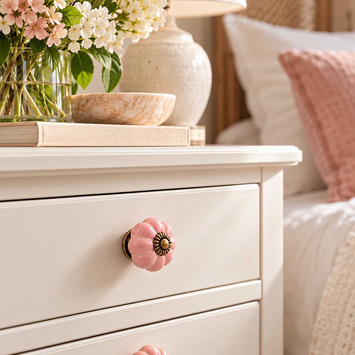 ink Ceramic Flower Knobs – Antique Brass Detail