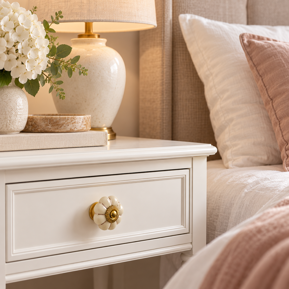 Ceramic Flower Knobs – Beige with Antique Brass Detail