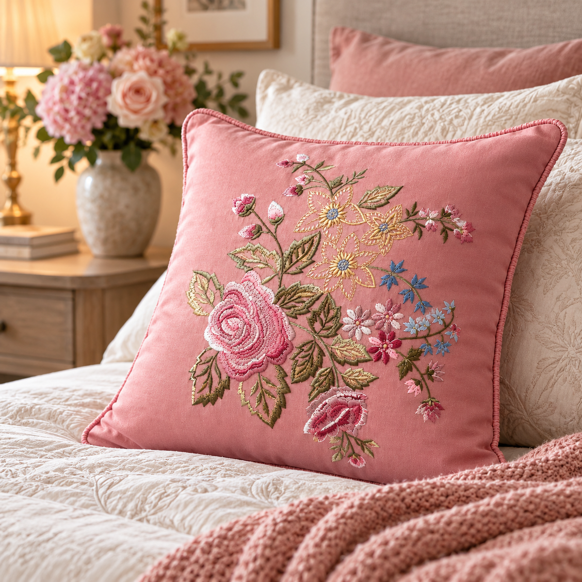 Embroidered Suede Cushion – Pink