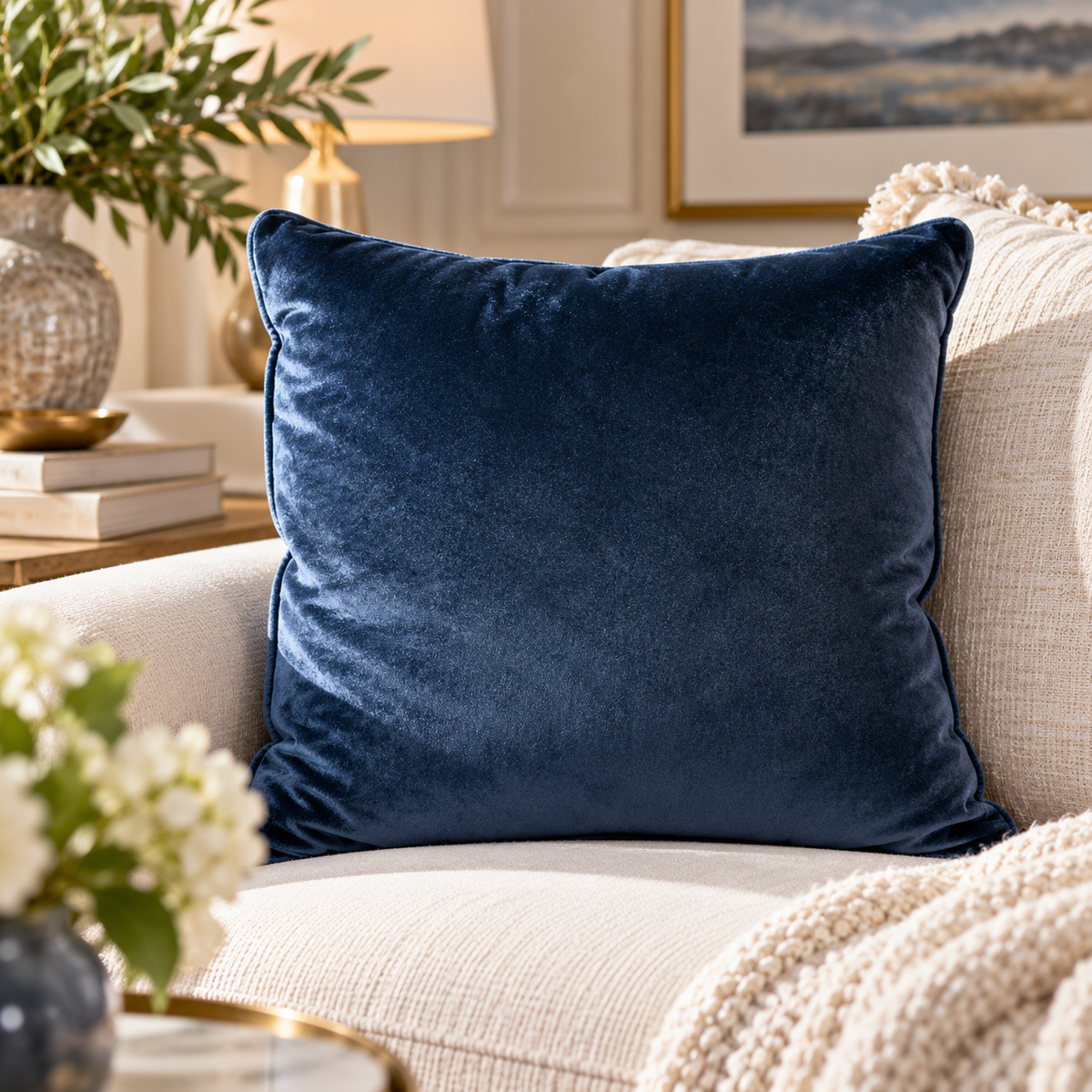 Velvet Cushion Feather Filled - Blue