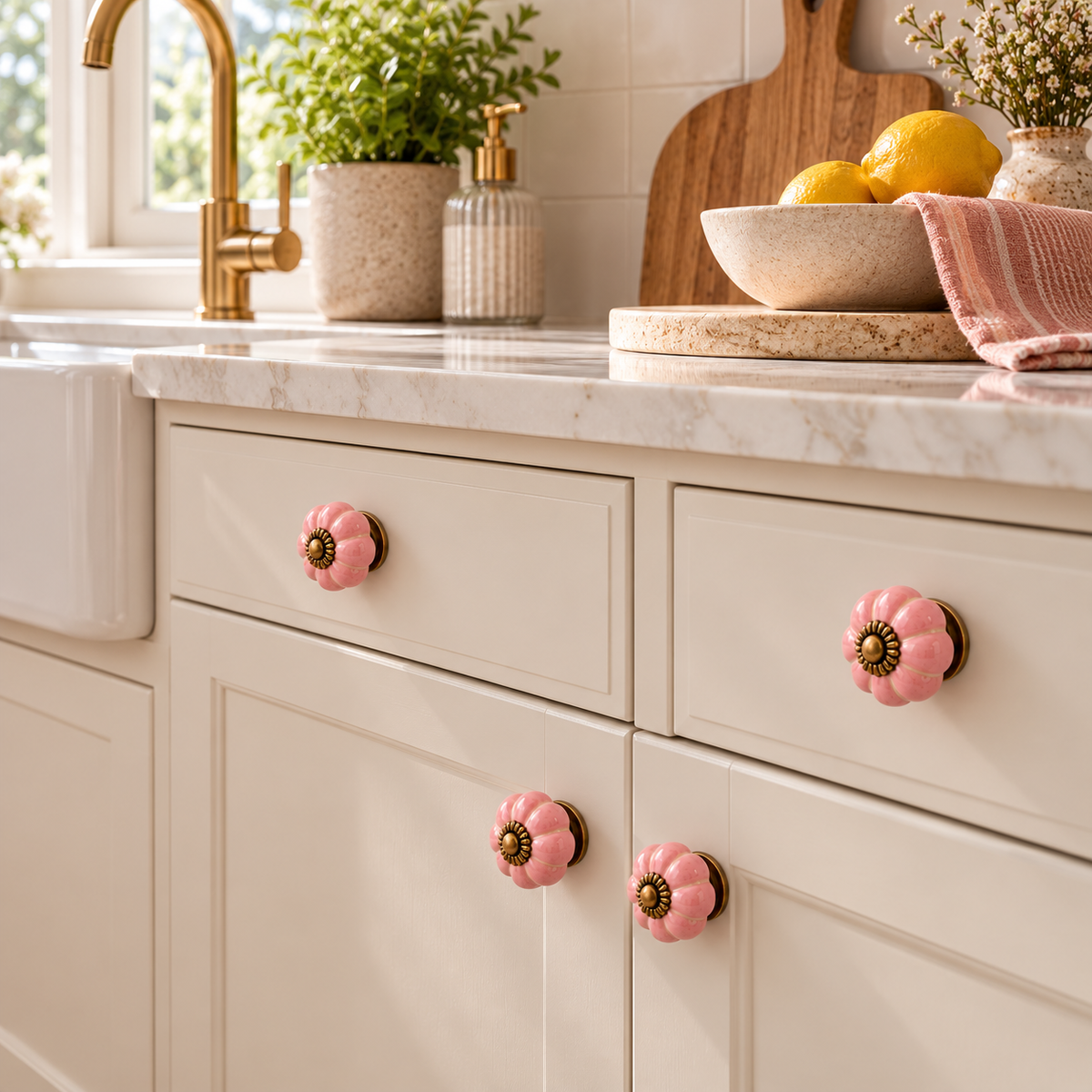 ink Ceramic Flower Knobs – Antique Brass Detail