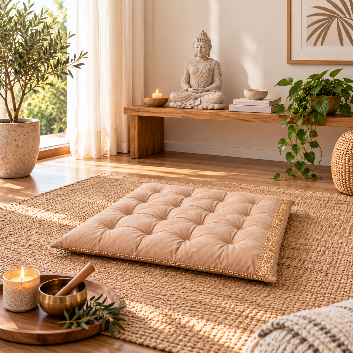 Sattva Meditation Floor Cushion – Beige 80 × 80 cm
