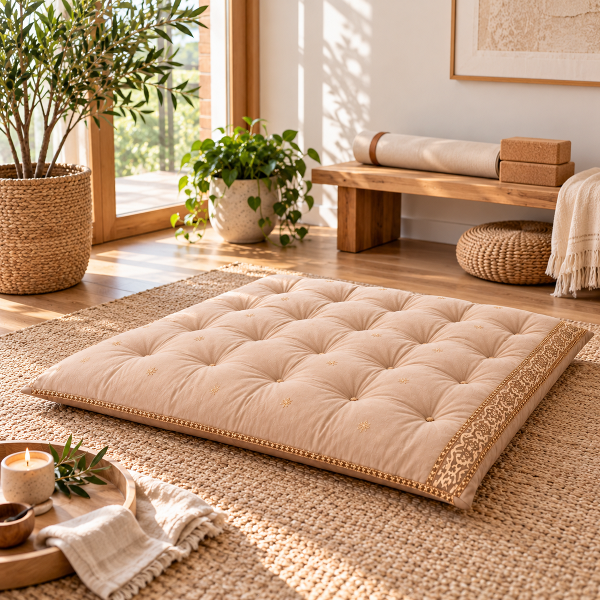 Sattva Meditation Floor Cushion – Beige 80 × 80 cm