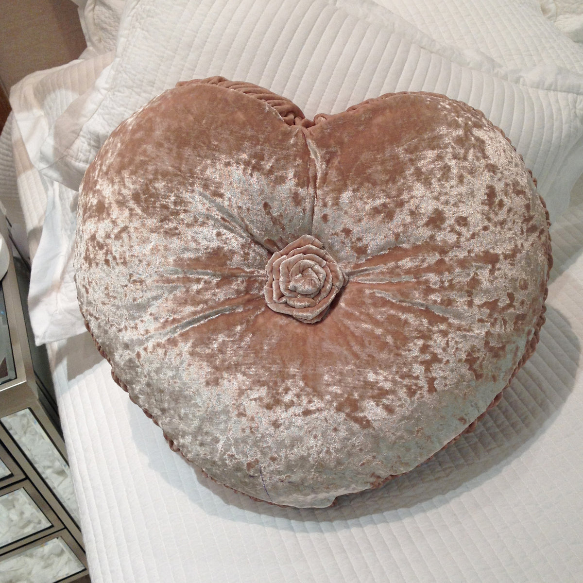 Velour Rosette Heart Cushion - Sand
