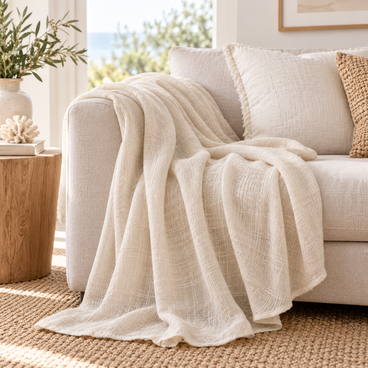 Linen Sheer Throw styled on a neutral sofa