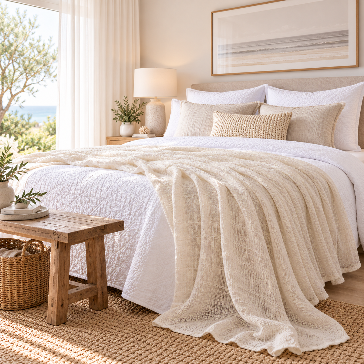 Linen Sheer Throw in a wide coastal bedroom setting