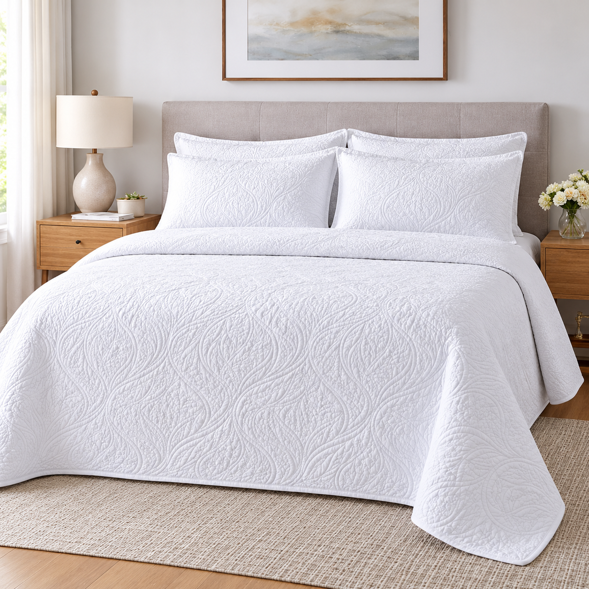 Marseille Cotton Queen Bedspread Set – White styled in a bright neutral bedroom