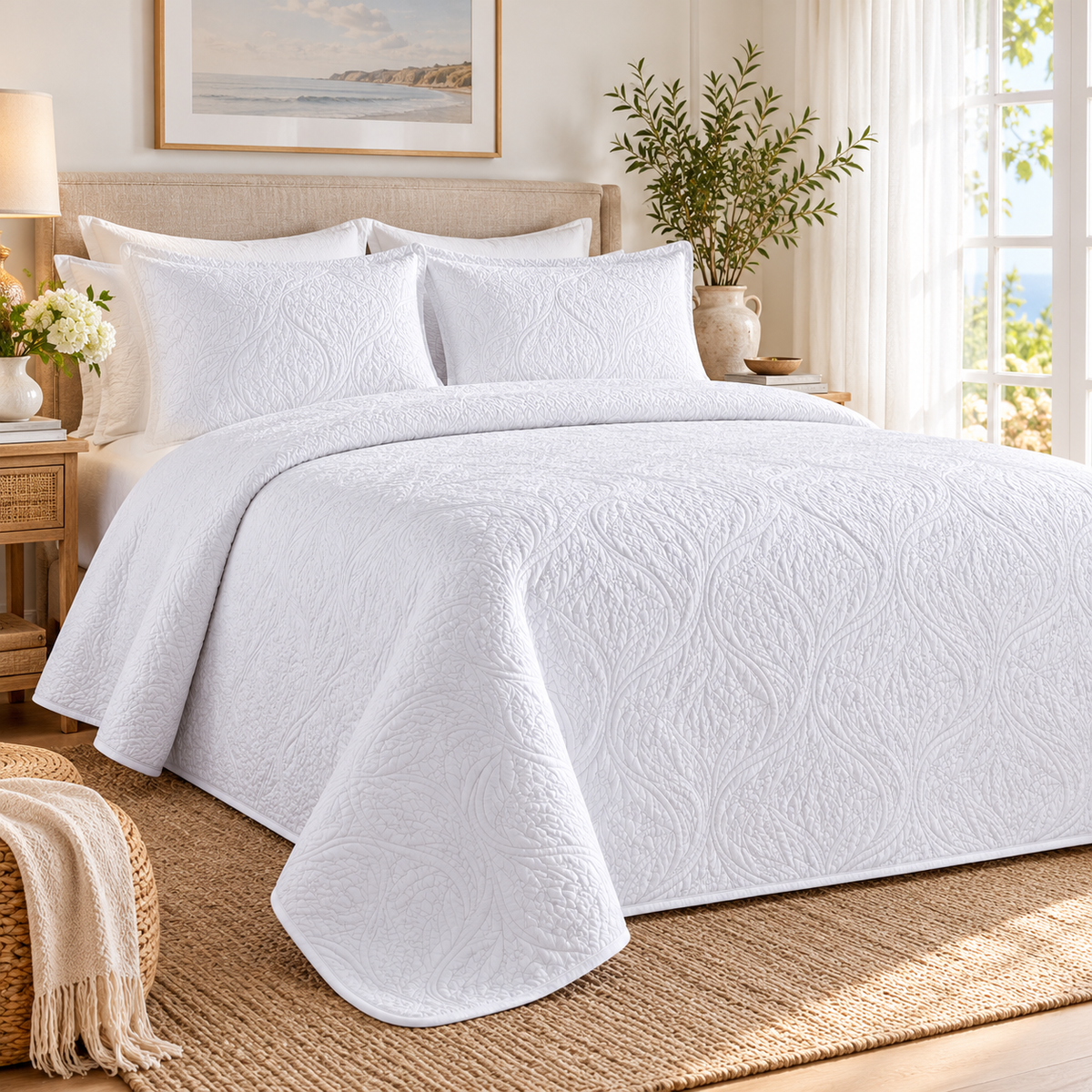 Marseille Cotton Queen Bedspread Set – White in a coastal bedroom