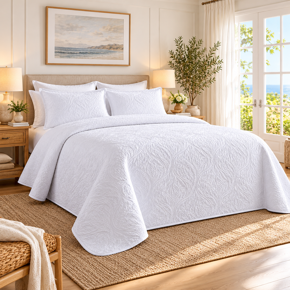 Marseille Cotton Queen Bedspread Set – White wide coastal bedroom lifestyle view