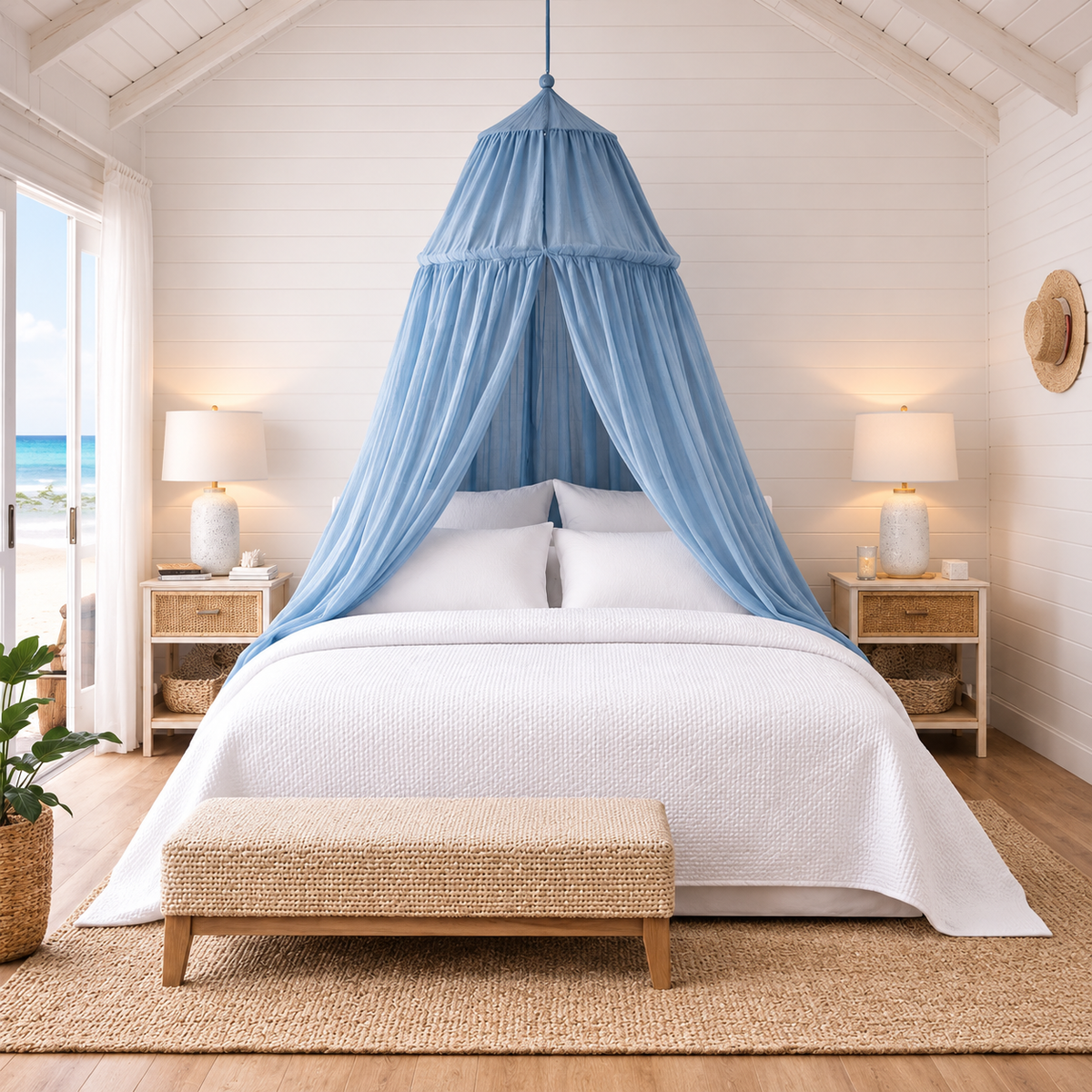 Muslin Cotton Canopy Blue styled over a bed in a coastal bedroom
