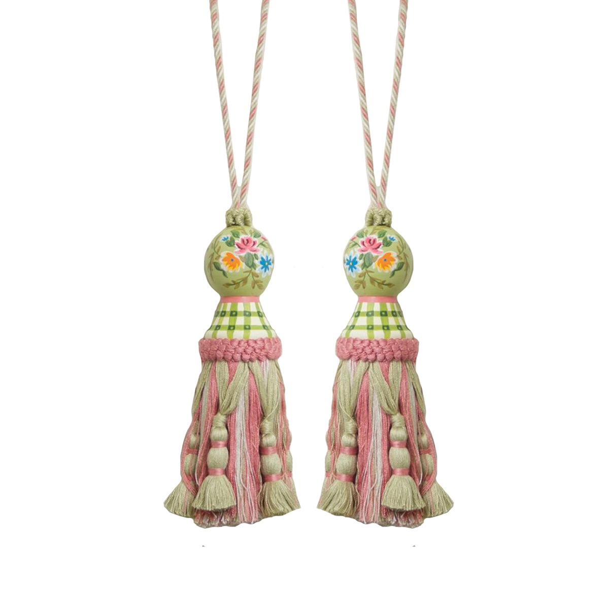 Green/pink Country Floral Hand Painted Tassel Set of 2